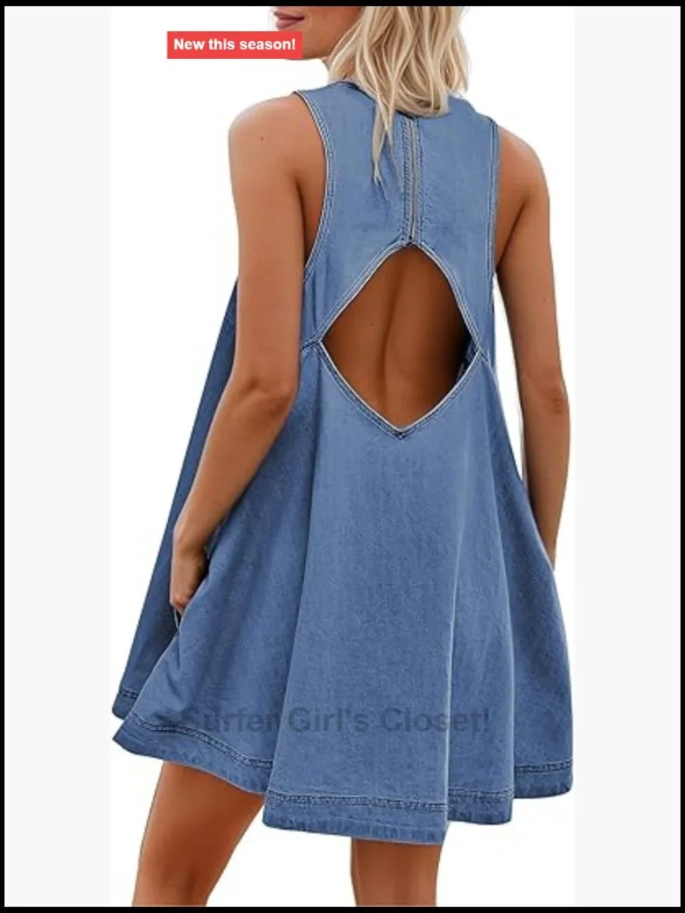 Sleeveless Denim Babydoll Mini Dress Cutout Back A-Line Flowy with Pockets - Picture 1 of 7
